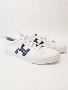 White Tommy Hilfiger Sneakers With Blue "H" Monogram + Red Stitching